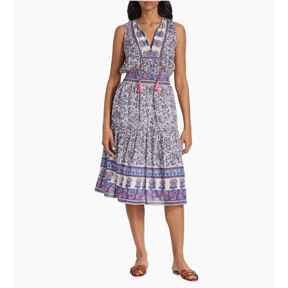 Bell by Alicia Bell Blue Floral Block Print Cotton Silk Midi Dress Large